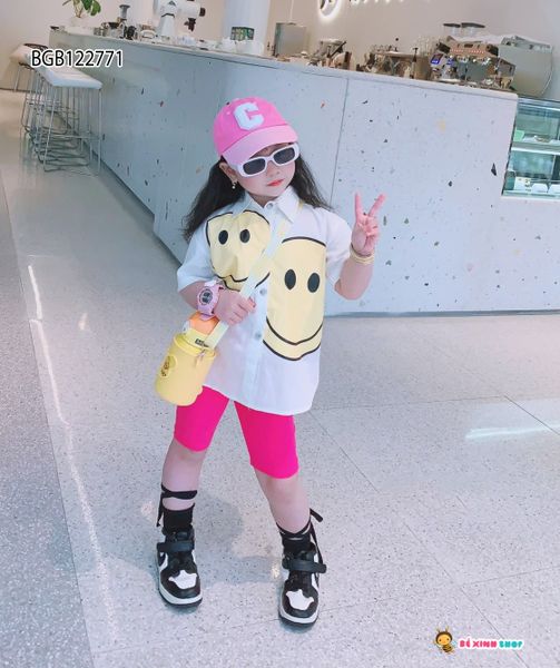 Set áo sơmi quần legging mặt cười dễ thương cho bé gái BGB122771