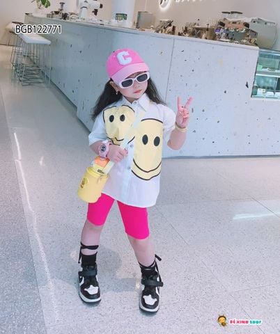 Set áo sơmi quần legging mặt cười dễ thương cho bé gái BGB122771