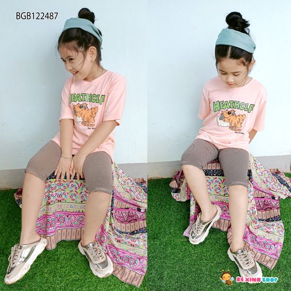 Set áo in mèo cá quần legging sọc lửng dễ thương cho bé gái BGB122487