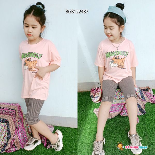 Set áo in mèo cá quần legging sọc lửng dễ thương cho bé gái BGB122487