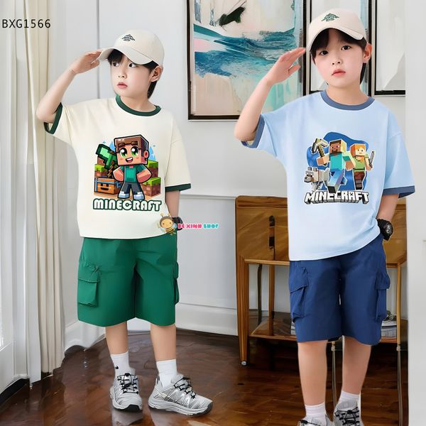 Set áo thun in MineCaft quần túi hộp dễ thương cho bé trai đi học, đi chơi BXG1565