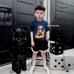 Bộ thun cotton in Natra quần chạy viền lé dễ thương cho bé trai BXG1492