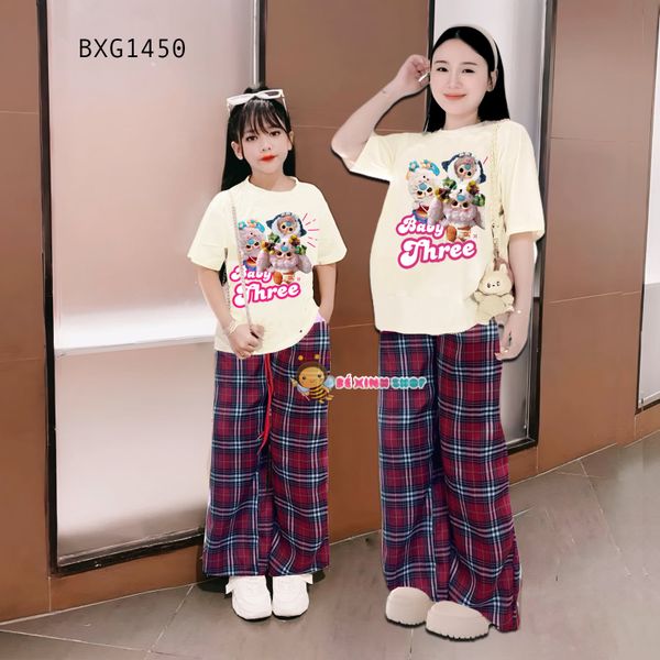 Bộ thun in BabyThree Quần ống suông Caro dễ thương cho Mẹ & Bé Gái BXG1450