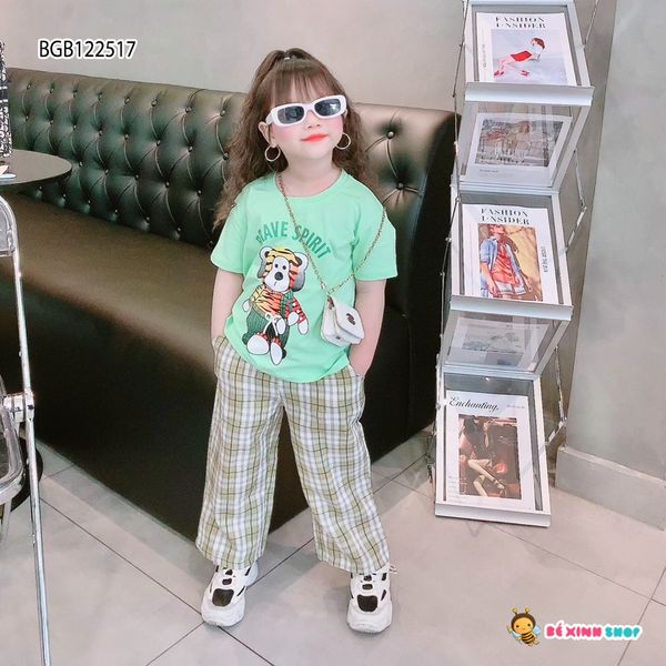 Set áo HỔ quần caro ống rộng dễ thương cho bé gái BGB122515