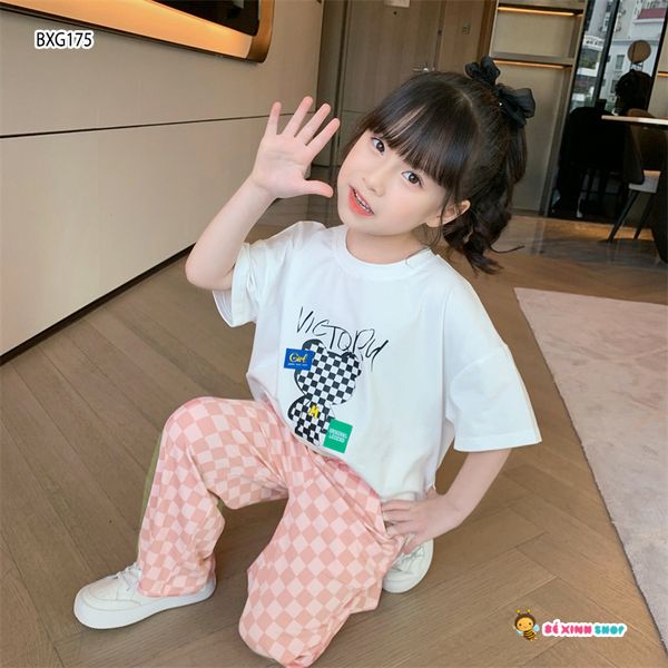 [XẢ KHO] Set áo Mickey quần ống rộng caro dễ thương cho bé gái BXG175