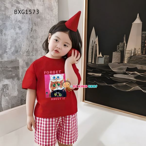 Set áo thun in hình quần caro dễ thương cho bé gái BXG1571