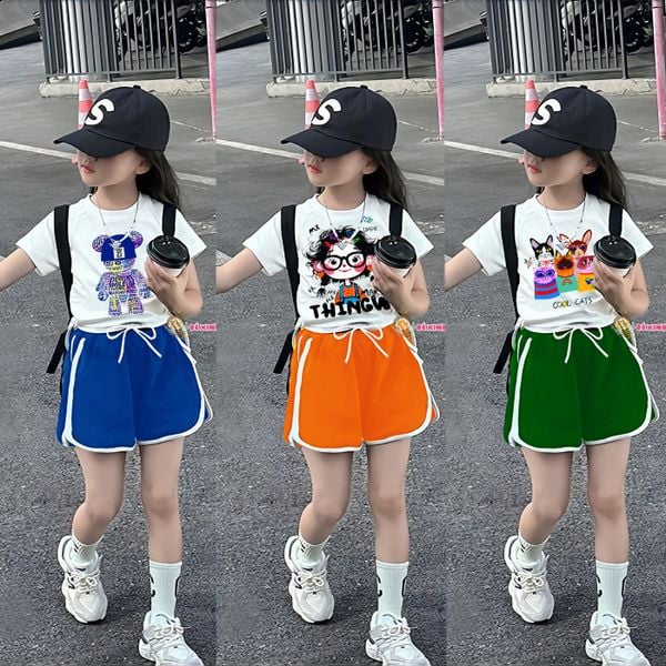 Set áo thun in hình quần sort dây gút dễ thương cho bé gái ngày Hè BXG1626