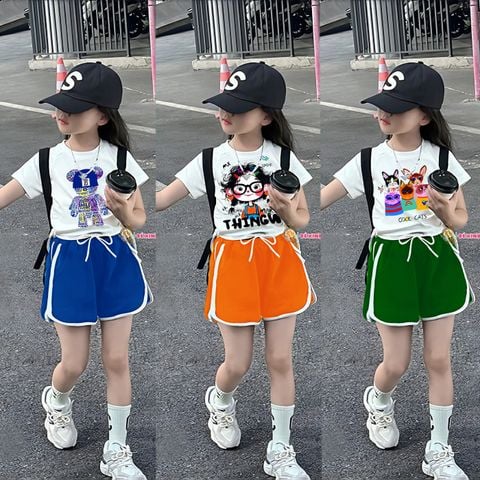 Set áo thun in hình quần sort dây gút dễ thương cho bé gái ngày Hè BXG1626