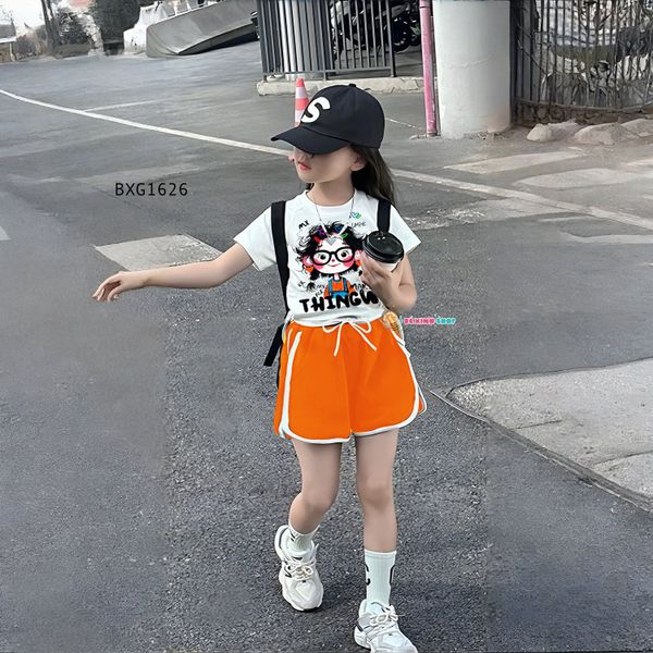 Set áo thun in hình quần sort dây gút dễ thương cho bé gái ngày Hè BXG1626