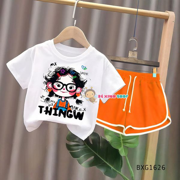 Set áo thun in hình quần sort dây gút dễ thương cho bé gái ngày Hè BXG1626