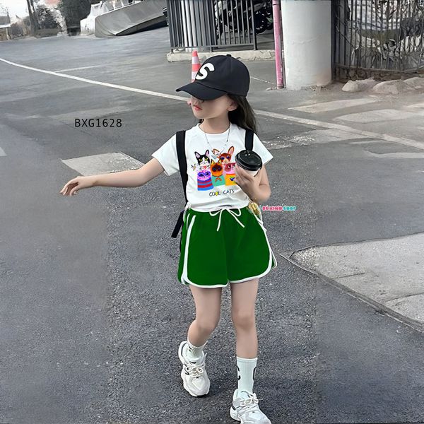 Set áo thun in hình quần sort dây gút dễ thương cho bé gái ngày Hè BXG1626