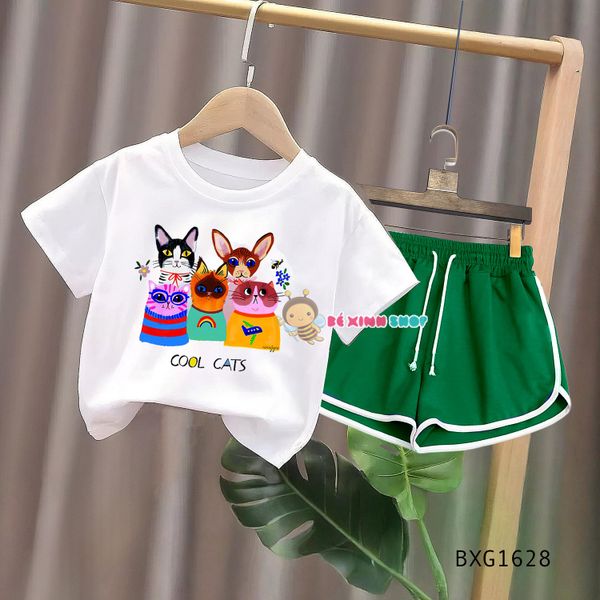 Set áo thun in hình quần sort dây gút dễ thương cho bé gái ngày Hè BXG1626