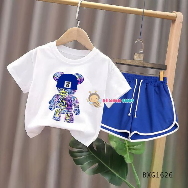 Set áo thun in hình quần sort dây gút dễ thương cho bé gái ngày Hè BXG1626