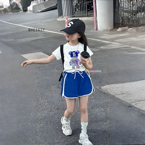 Set áo thun in hình quần sort dây gút dễ thương cho bé gái ngày Hè BXG1626