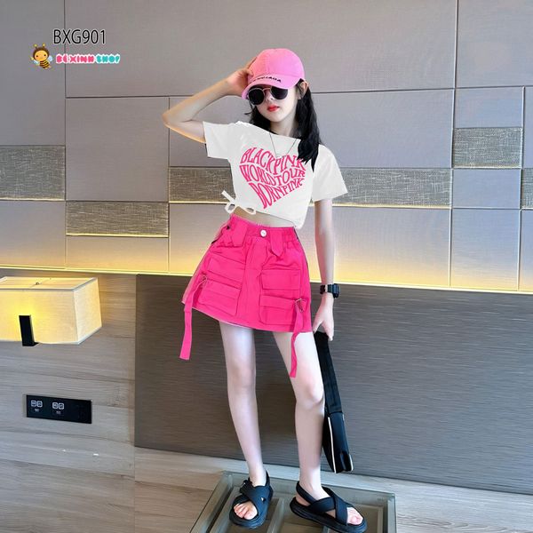 Set áo rút dây Blackpink phối Chân váy kaki dễ thương cho bé gái BXG900
