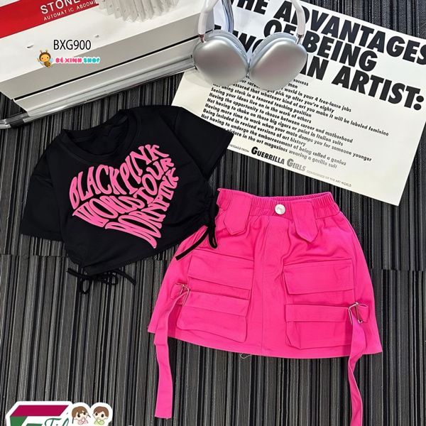 Set áo rút dây Blackpink phối Chân váy kaki dễ thương cho bé gái BXG900