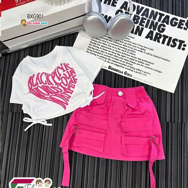 Set áo rút dây Blackpink phối Chân váy kaki dễ thương cho bé gái BXG900