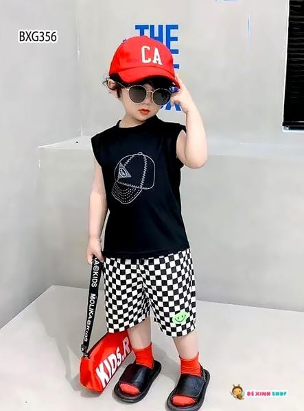 Bộ áo sát nách in nón quần caro dễ thương cho bé trai BXG355