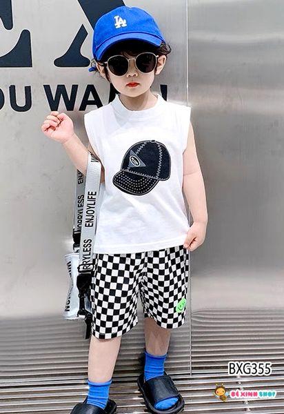 Bộ áo sát nách in nón quần caro dễ thương cho bé trai BXG355