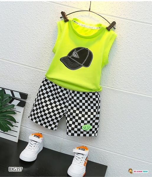 Bộ áo sát nách in nón quần caro dễ thương cho bé trai BXG355