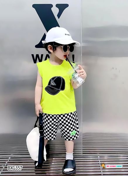 Bộ áo sát nách in nón quần caro dễ thương cho bé trai BXG355