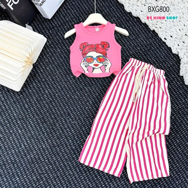 Set áo ba lỗ in cô gái quần sọc ống suông dể thương cho bé gái BXG800