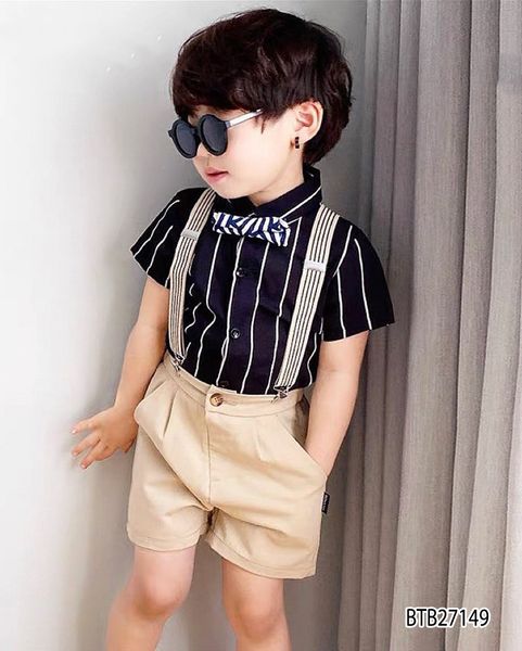 Set sơ mi quần yếm kèm nơ dễ thương cho bé trai đi chơi ngày Lễ Tết BTB27148