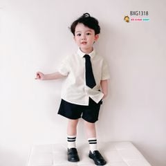 Set áo sơ mi kèm cà vạt quần sort kaki cho bé trai đi chơi Lễ Tết BXG1318