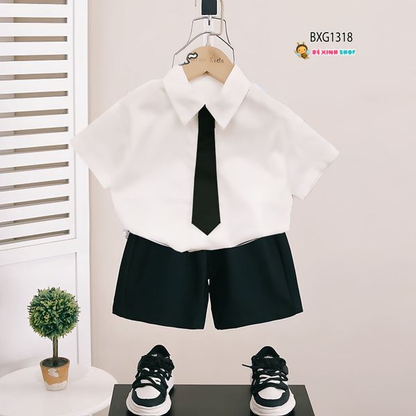 Set áo sơ mi kèm cà vạt quần sort kaki cho bé trai đi chơi Lễ Tết BXG1318