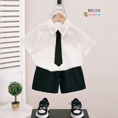 Set áo sơ mi kèm cà vạt quần sort kaki cho bé trai đi chơi Lễ Tết BXG1318