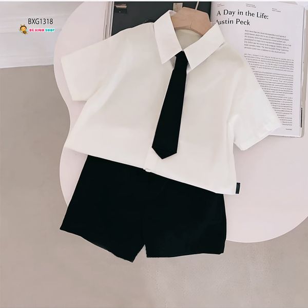 Set áo sơ mi kèm cà vạt quần sort kaki cho bé trai đi chơi Lễ Tết BXG1318