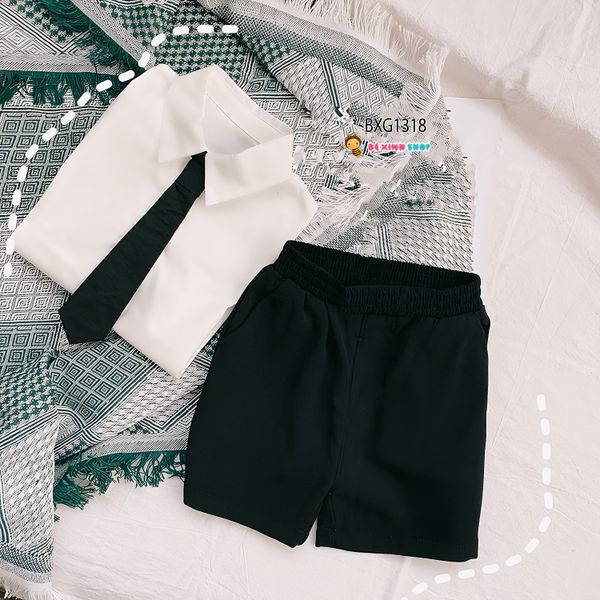 Set áo sơ mi kèm cà vạt quần sort kaki cho bé trai đi chơi Lễ Tết BXG1318