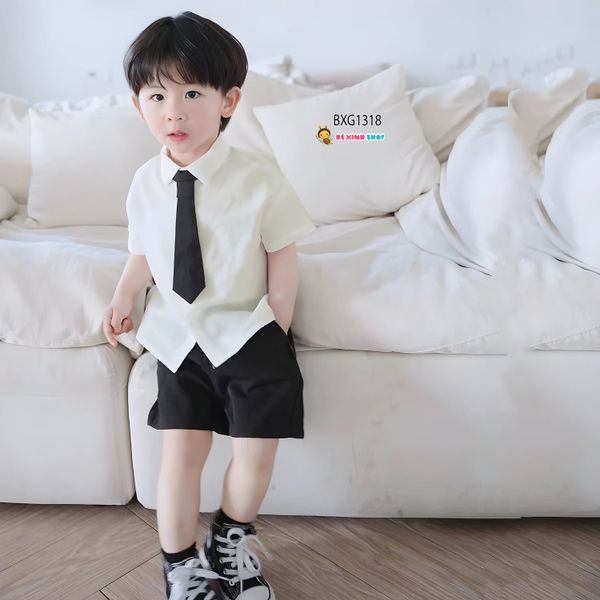 Set áo sơ mi kèm cà vạt quần sort kaki cho bé trai đi chơi Lễ Tết BXG1318