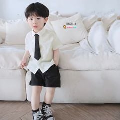 Set áo sơ mi kèm cà vạt quần sort kaki cho bé trai đi chơi Lễ Tết BXG1318