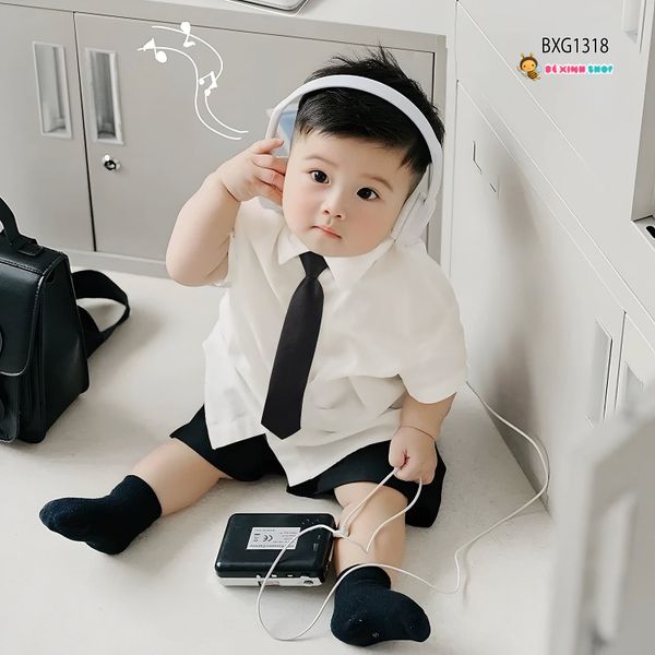 Set áo sơ mi kèm cà vạt quần sort kaki cho bé trai đi chơi Lễ Tết BXG1318