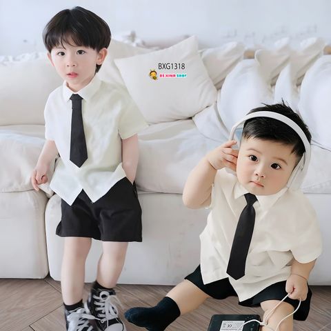 Set áo sơ mi kèm cà vạt quần sort kaki cho bé trai đi chơi Lễ Tết BXG1318