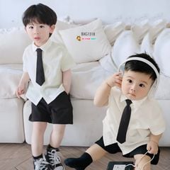 Set áo sơ mi kèm cà vạt quần sort kaki cho bé trai đi chơi Lễ Tết BXG1318