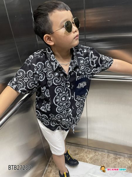 Set sơ mi hoa văn quần kaki dễ thương cho bé trai đi chơi BTB27230
