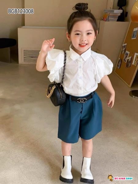 Áo sơ mi bé gái cột dây màu sọc xanh cá tính