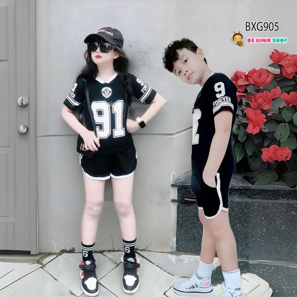 Bộ sort thun body thể thao cổ tim 91 dễ thương cho bé trai & bé gái BXG904