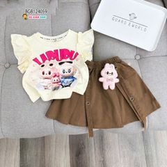 Set áo in Labubu tay cánh tiên phối chân váy kaki (KÈM GẤU BÔNG) dễ thương cho bé gái BGB124058