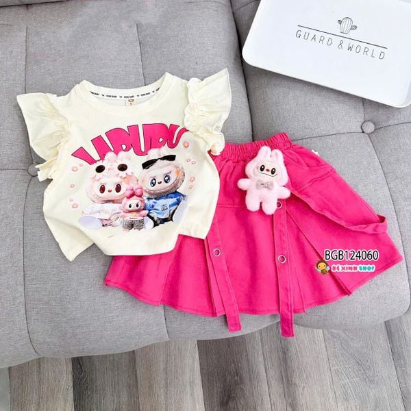 Set áo in Labubu tay cánh tiên phối chân váy kaki (KÈM GẤU BÔNG) dễ thương cho bé gái BGB124058