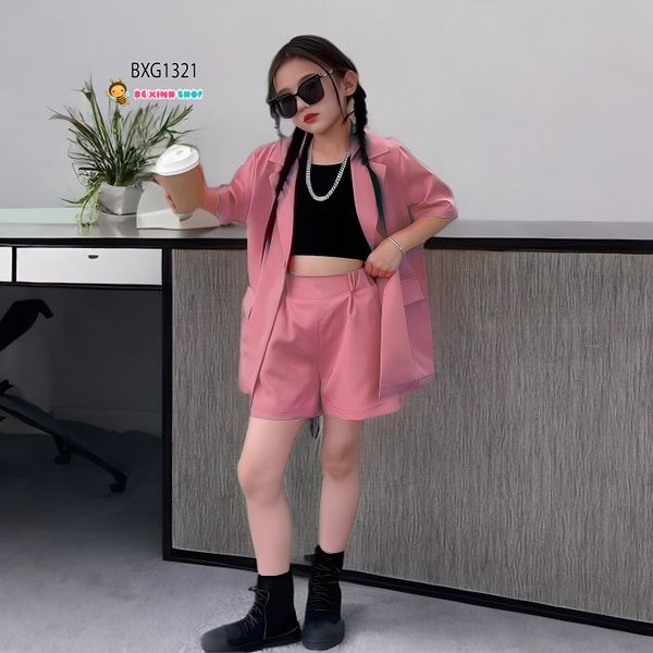 Set vest kèm áo thun croptop quần sort cho bé gái BXG1320