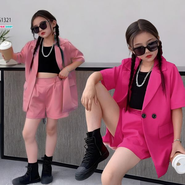 Set vest kèm áo thun croptop quần sort cho bé gái BXG1320