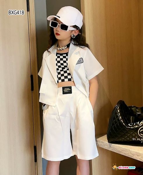 Set vest 3 món kèm áo caro dễ thương cho bé gái BXG417