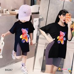 Set áo xẽ tà in gấu quần legging lửng dễ thương cho Mẹ & bé gái BXG068