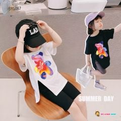 Set áo xẽ tà in gấu quần legging lửng dễ thương cho Mẹ & bé gái BXG068