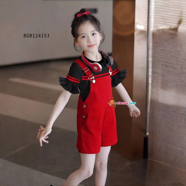 Set áo tay loe quần yếm kaki dễ thương cho bé gái đi chơi BGB124153