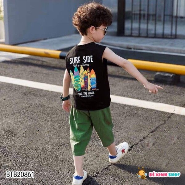 [XẢ KHO] Set áo sát nách in chữ quần linen túi hộp dễ thương cho bé trai BTB20861