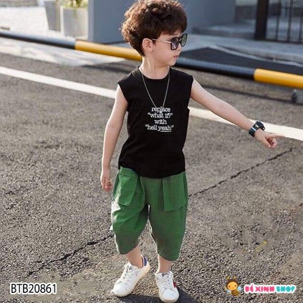 [XẢ KHO] Set áo sát nách in chữ quần linen túi hộp dễ thương cho bé trai BTB20861